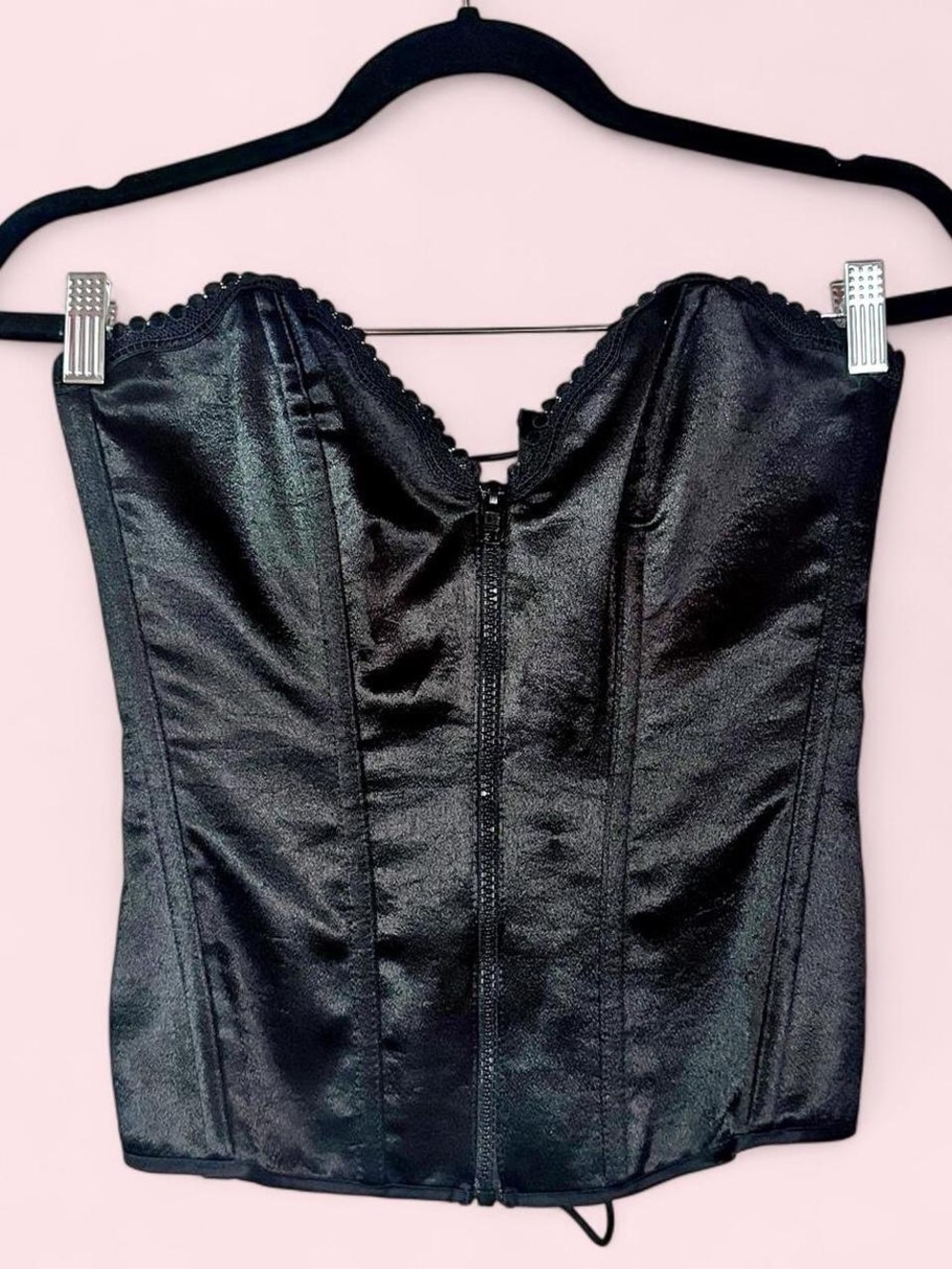 VTG Frederick’s of Hollywood Black Satin Lace-Up Bustier Corset Top